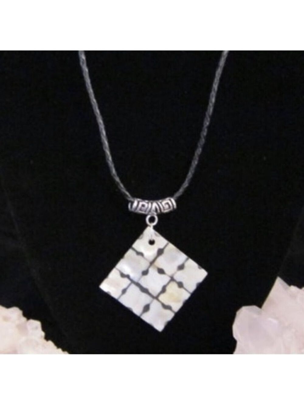 Mother of Pearl Checkerboard Necklace Black Braided Adjustable Cord